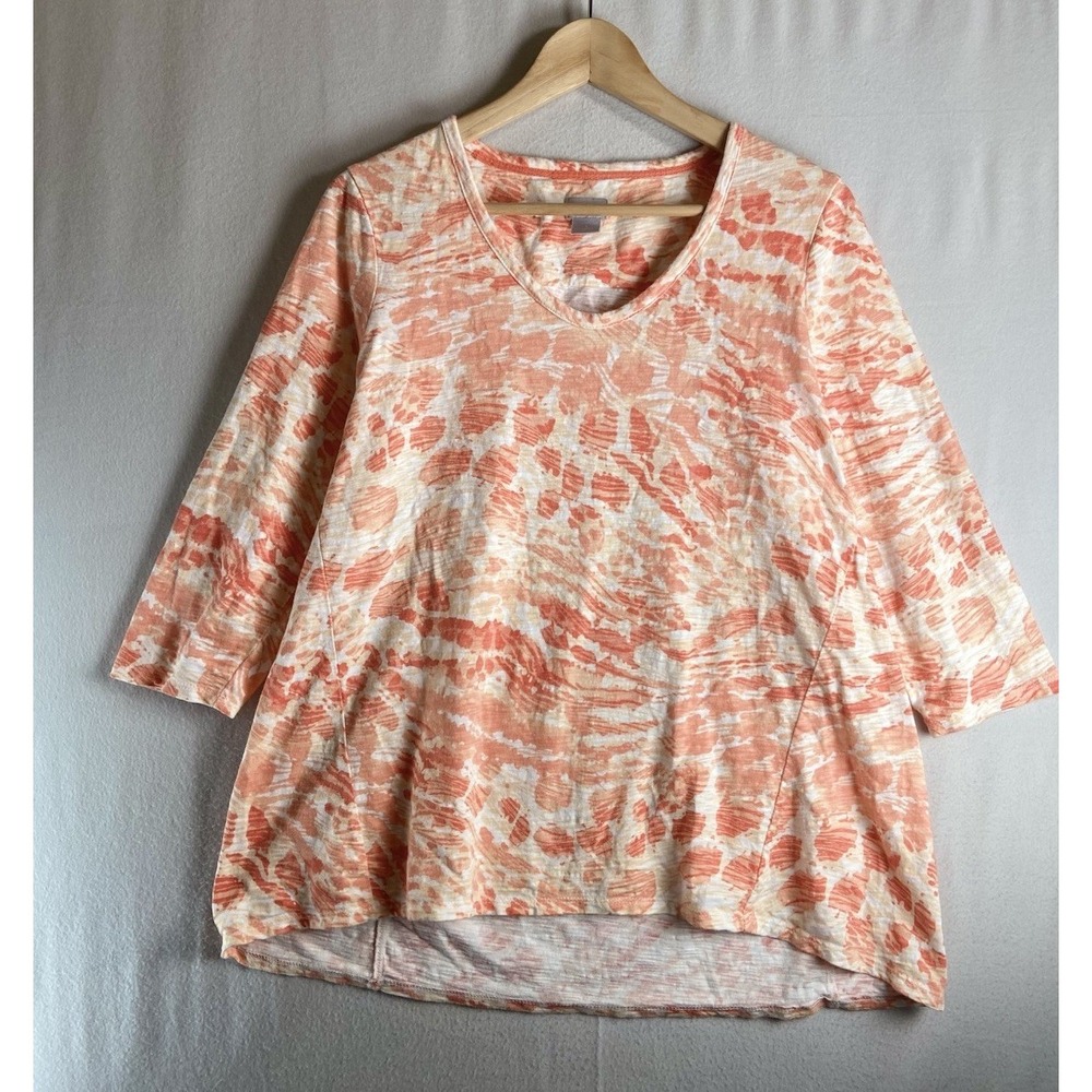 Chico's Abstract Print Tunic Top Peach Coral 3/4 Sleeve Stretch Knit Womens 1 M